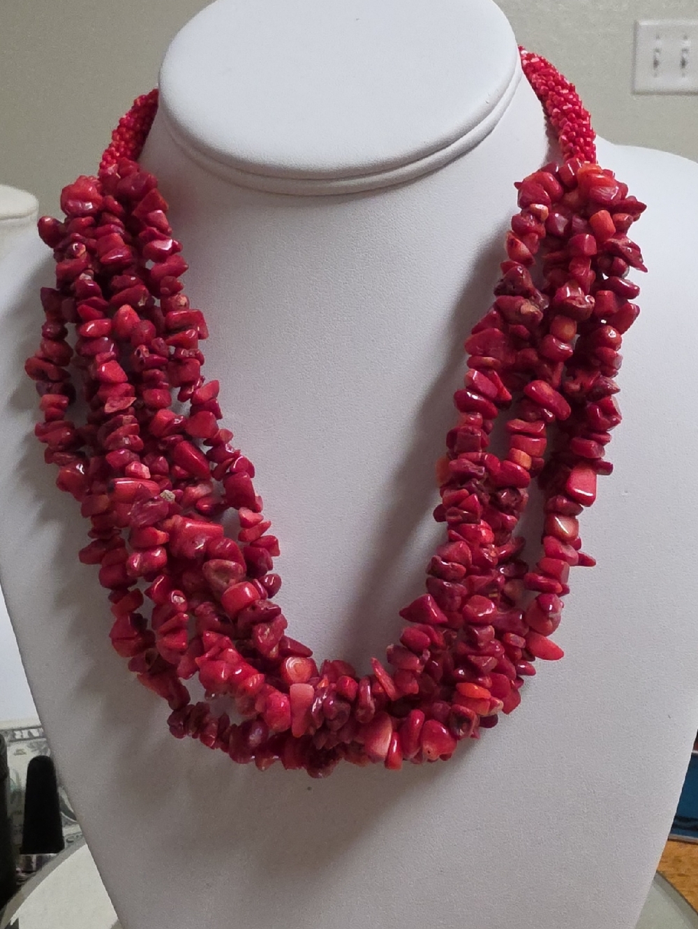 Red Coral Cluster 6 Strand Seed Bead Necklace